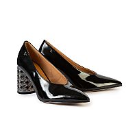 VERSACE 1969 Γόβα από λουστρίνι με μυτερή γραμμή και φαρδύ, μεσαίο τακούνι